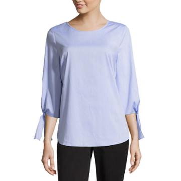 Como Blu Long Sleeve Crew Neck Woven Blouse