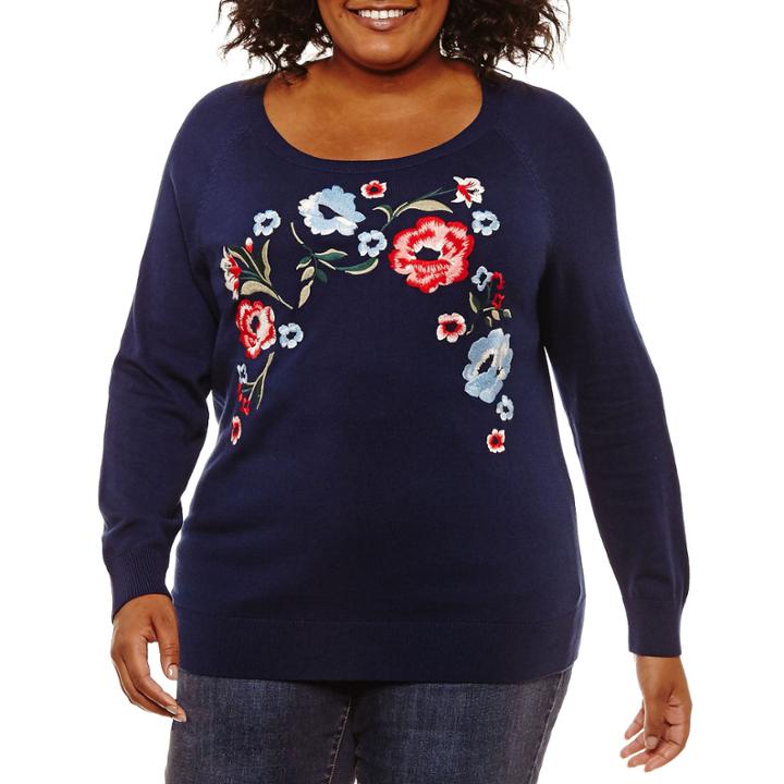 St. John's Bay Long Sleeve Embroidered Sweater-plus