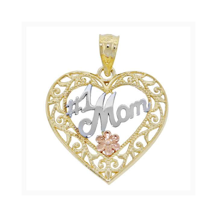 14k Tri-color Gold Filigree No.1 Mom Heart Charm Pendant