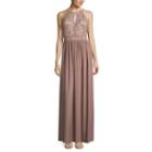 R & M Richards Sleeveless Keyhole-neck Sequin Lace Bodice Evening Gown