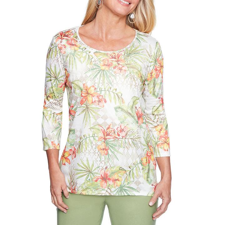 Alfred Dunner Parrot Cay 3/4 Sleeve V Neck T-shirt-womens