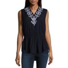 Liz Claiborne Sleeveless V Neck Embroidered Woven Blouse