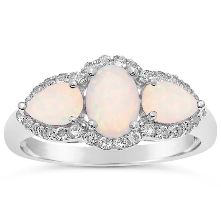 Womens White Opal Sterling Silver 3-stone Ring