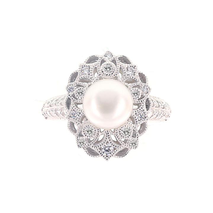 Diamonart Cubic Zirconia And Cultured Freshwater Pearl Sterling Silver Ring