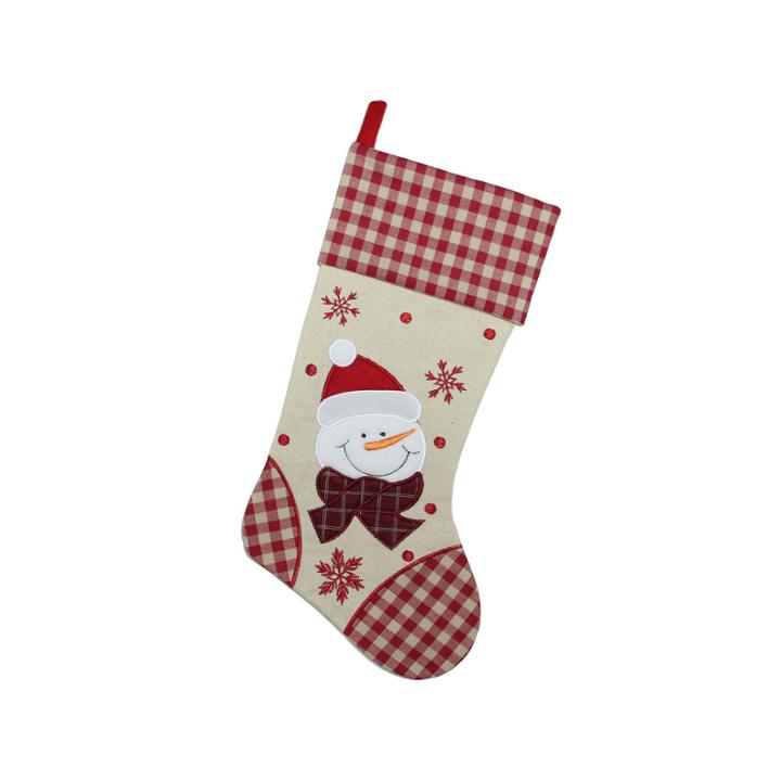 19 Burlap Embroidered Snowman Christmas Stocking With Red Gingham Cuff