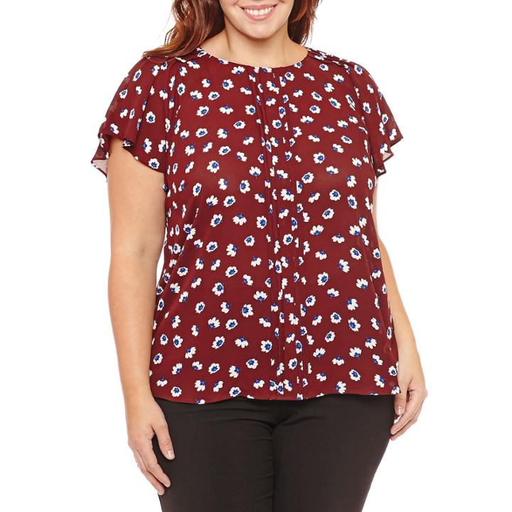 Worthington Short Sleeve Crew Neck Woven Floral Blouse-plus