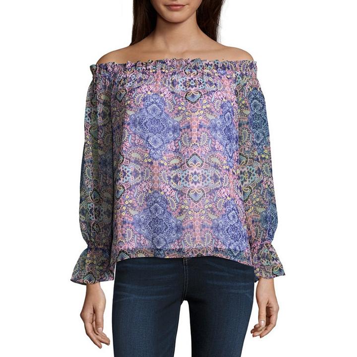 Belle + Sky Long Sleeve Straight Neck Chiffon Blouse