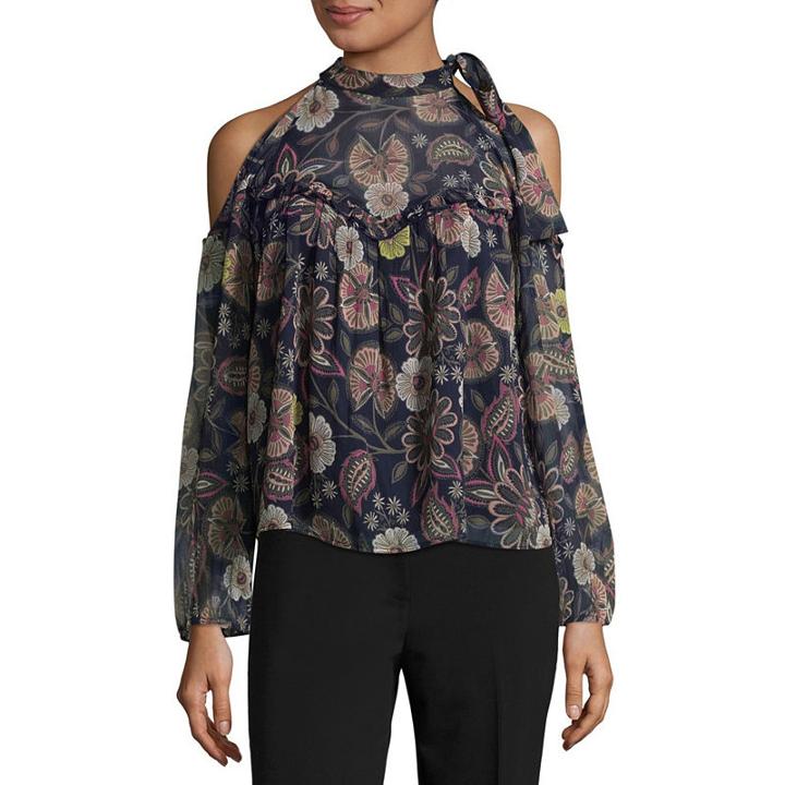 Libby Edelman Long Sleeve Tie Neck Cold Shoulder Top