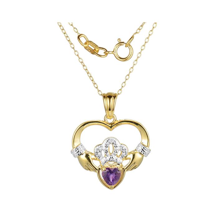 Heart-shaped Genuine Amethyst And Diamond-accent Claddagh Pendant Necklace