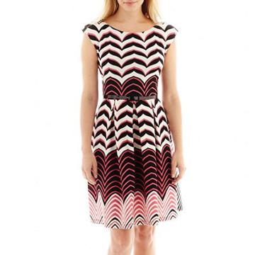 Tiana B. Cap-sleeve Belted Print Fit-and-flare Dress