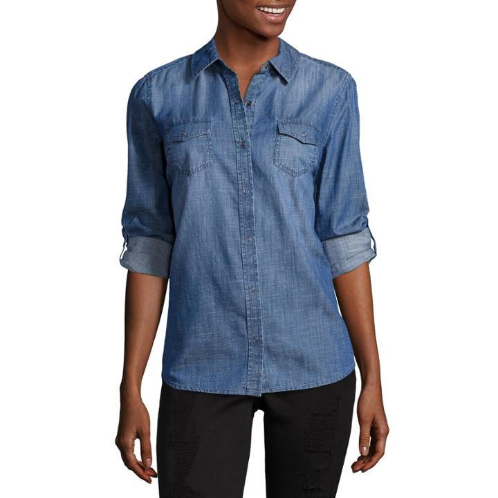 Arizona Long Sleeve Button-front Denim Shirt-juniors