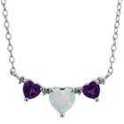 Lab-created Opal & Amethyst Heart-shaped 3-stone Sterling Silver Necklace