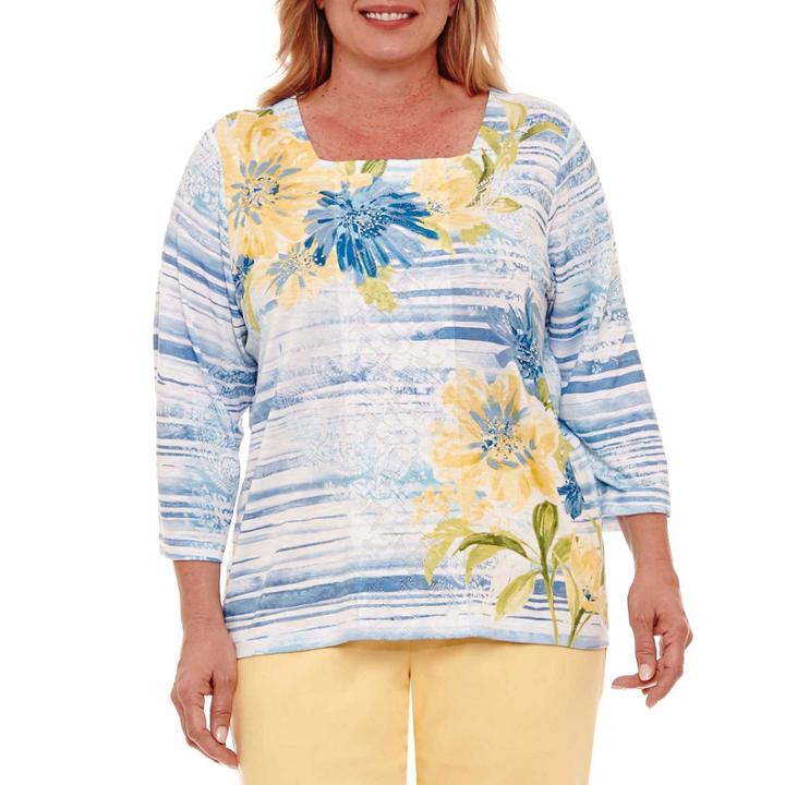 Alfred Dunner Blue Lagoon 3/4 Sleeve Square Neck T-shirt-womens Plus