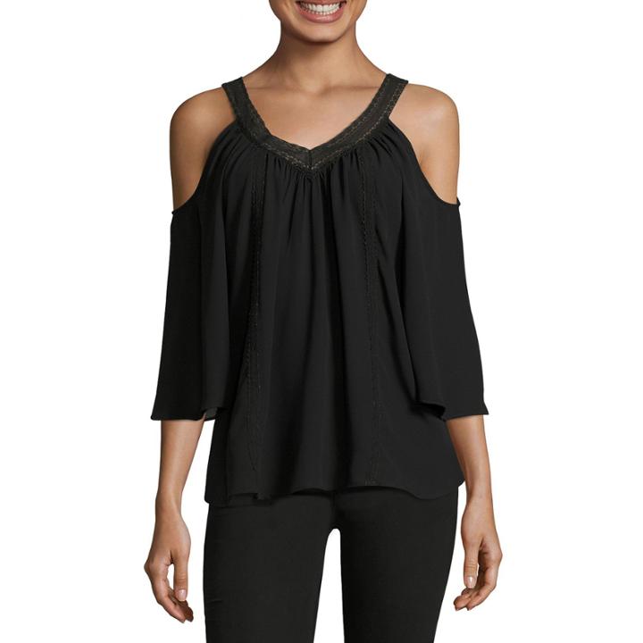 Coffee & Cake 3/4 V Neck Cold Shoulder Top Sleeve Crepe Blouse