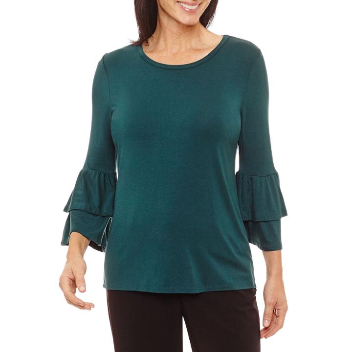 Sag Harbor Ruffles 3/4 Sleeve Crew Neck Knit Blouse