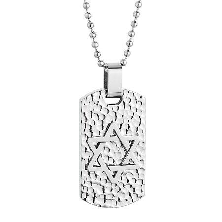 Mens Star Of David Stainless Steel Textured Dog Tag Pendant Necklace