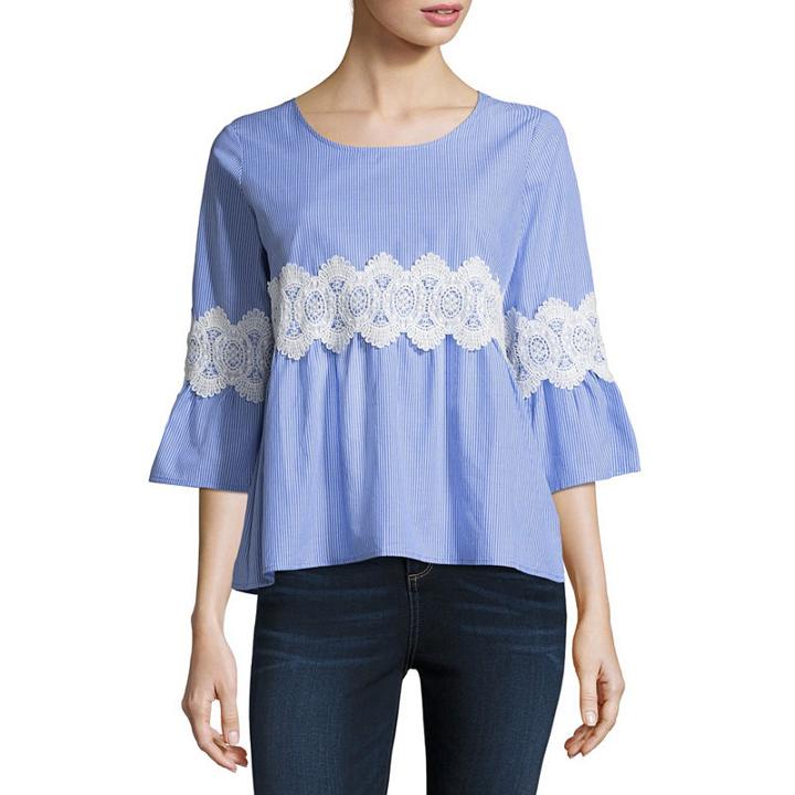 Eyeshadow 3/4 Sleeve Round Neck Poplin Stripe Blouse-juniors