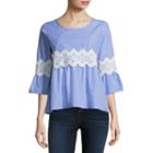 Eyeshadow 3/4 Sleeve Round Neck Poplin Stripe Blouse-juniors