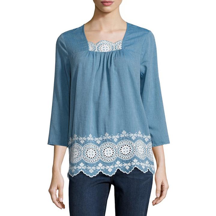 St. John's Bay 3/4 Sleeve Eyelet Embroidered Blouse