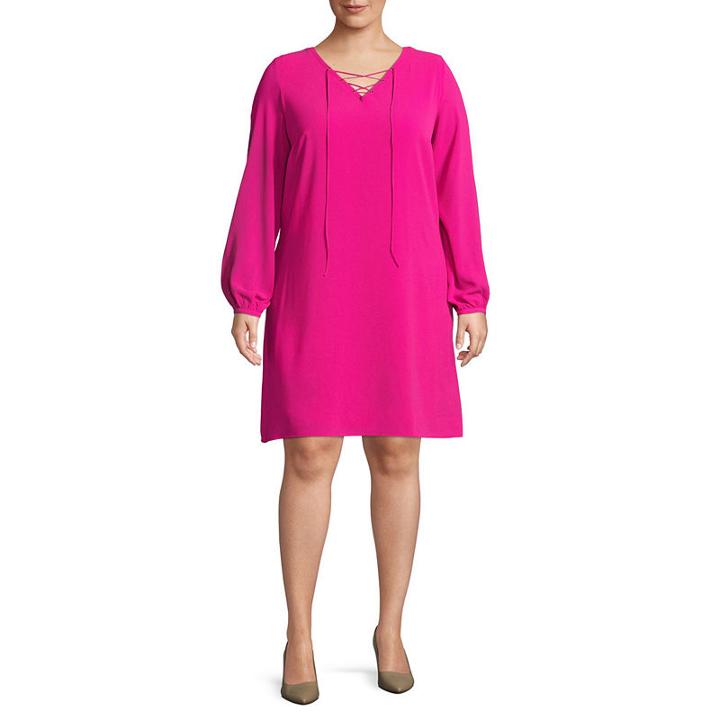 Worthington Long Sleeve Lace Up Swing Dresses-plus