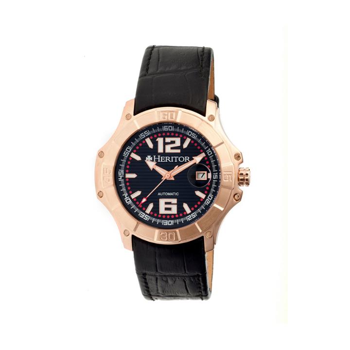 Heritor Automatic Norton Mens Leather Magnified Date-rose Gold/black Watches