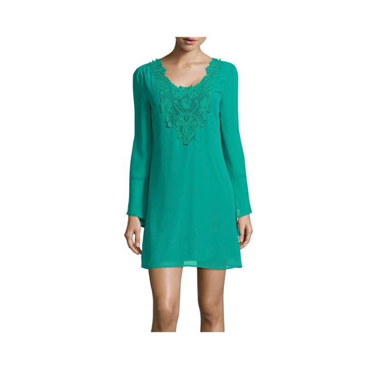City Triangles Long Bell-sleeve Crochet A-line Dress- Juniors