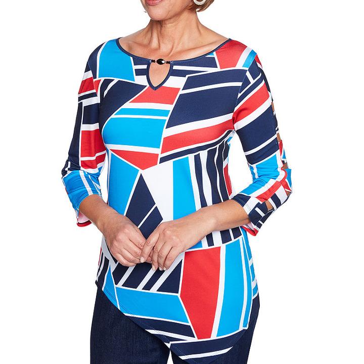 Alfred Dunner Americas Cup 3/4 Sleeve V Neck Geometric T-shirt-womens