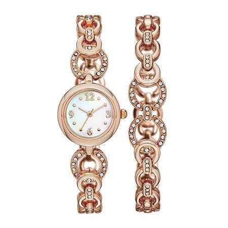 Womens Crystal-embellished Open-link Watch And Bracelet Set