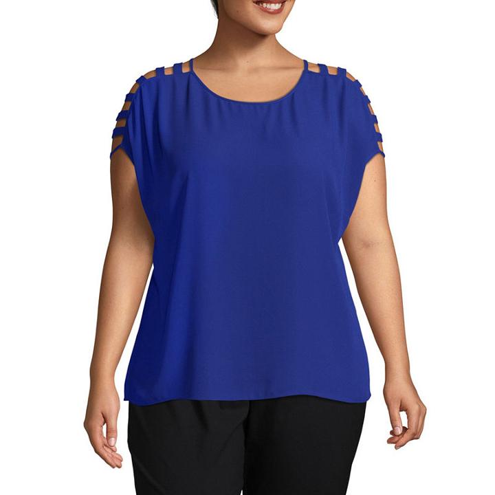 Worthington Short Sleeve Caged Shoulder Woven Blouse - Plus