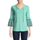 St. John's Bay Embroidered 3/4 Sleeve Bell Sleeve Eyelet Peasant Top