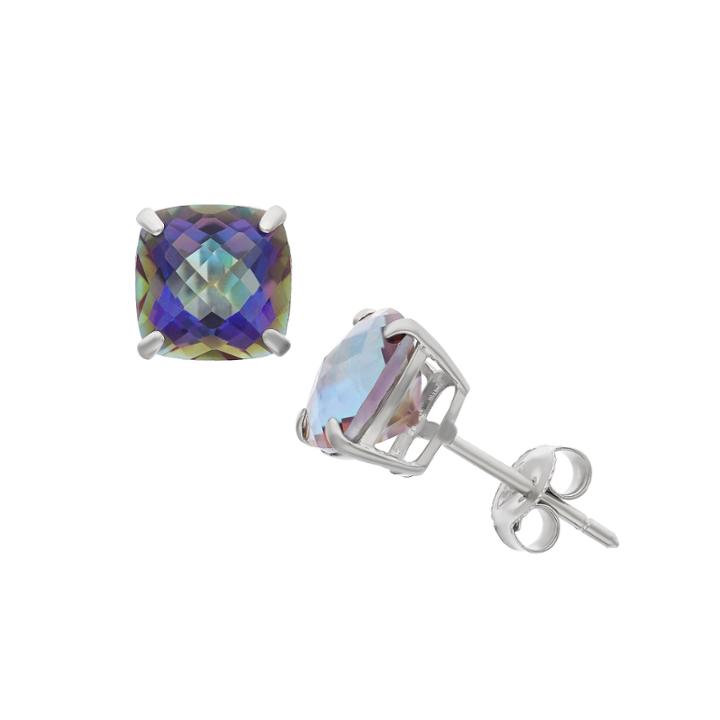 Cushion Blue Mystic Fire Topaz Sterling Silver Stud Earrings