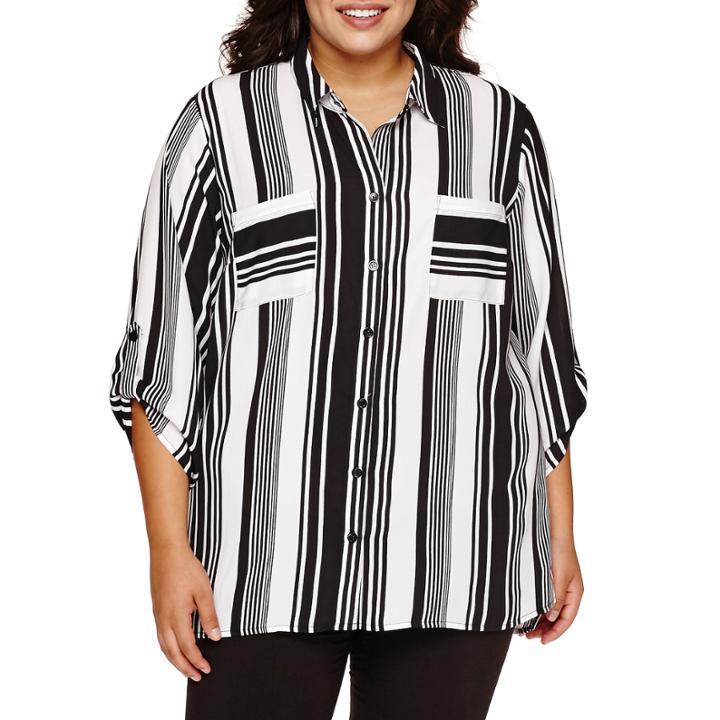 Alyx 3/4-sleeve Button-front Striped Crepe Shirt - Plus