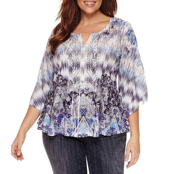 Unity World Wear 3/4 Sleeve Scoop Neck Knit Blouse-plus
