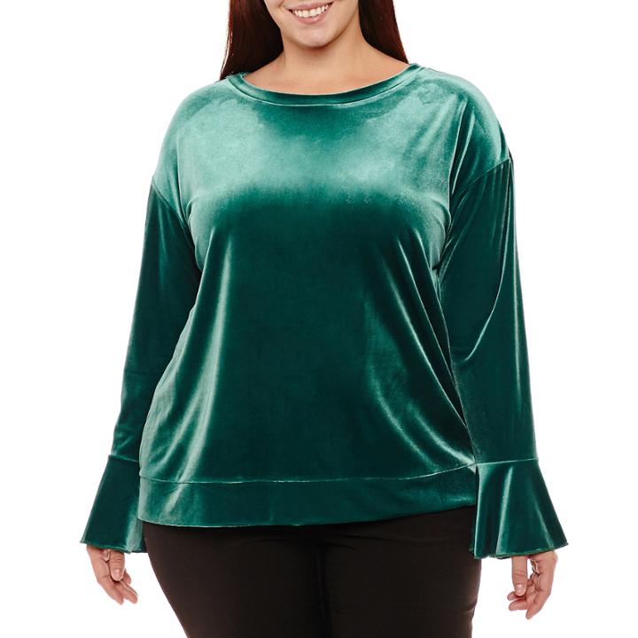 Worthington Long Bell Sleeve Velvet Sweatshirt-plus