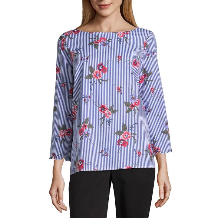 Liz Claiborne 3/4 Sleeve U Neck Floral Blouse- Talls
