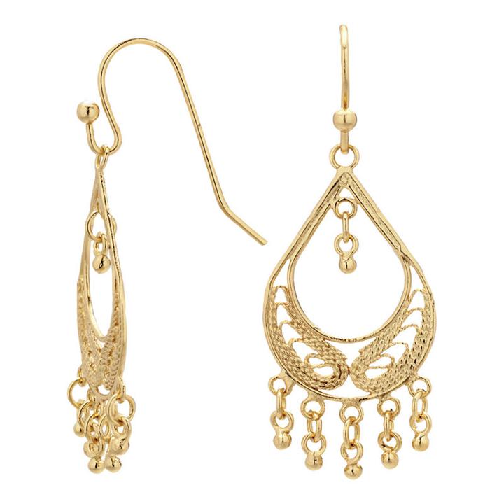 Silver Reflections&trade; Gold Over Brass Filigree Fringed Teardrop Chandelier Earrings