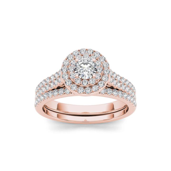 1 Ct. T.w. Diamond 10k Rose Gold Halo Bridal Ring Set