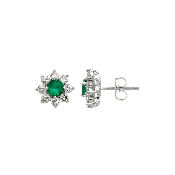 Lab-created Emerald And White Sapphire Starburst Sterling Silver Earrings
