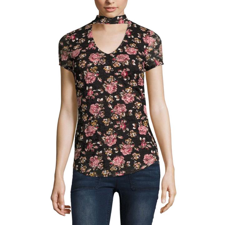 Almost Famous Short Sleeve V Neck Lace Blouse-juniors