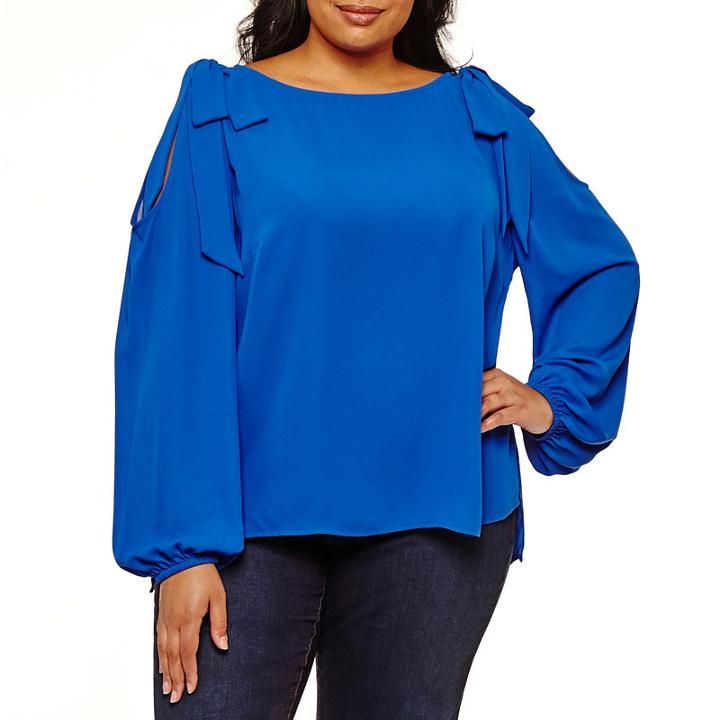 Belle + Sky Tie Shoulder Woven Floral Blouse-plus