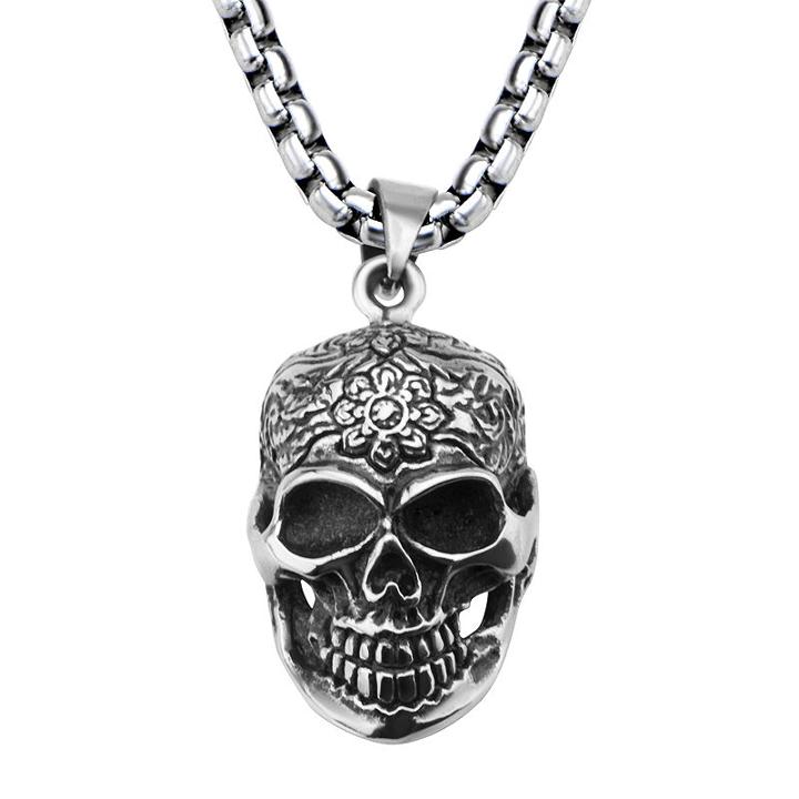 Stainless Steel Flower Skull Pendant Necklace