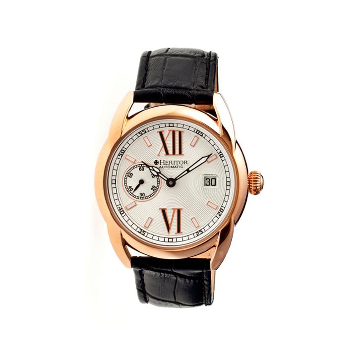 Heritor Automatic Burnell Mens Leather Date-rose Gold Tone/silver Tone/black Watch
