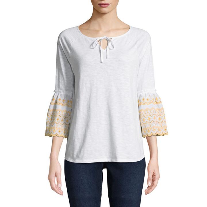 St. John's Bay 3/4 Bell Sleeve Eyelet Blouse