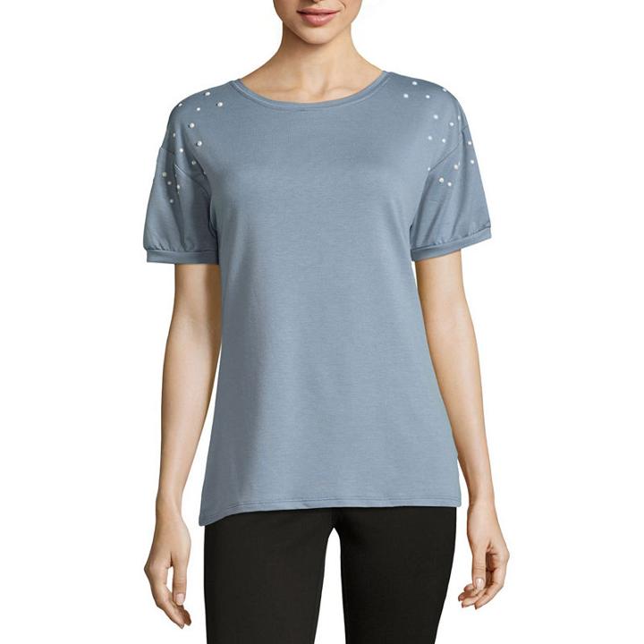 Como Blu Puff Sleeve Pearl Embellished T-shirt-womens