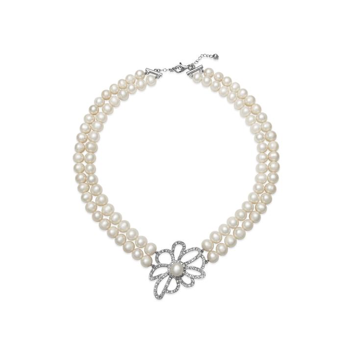 Cultured Freshwater Pearl And Crystal Two-row Floral Necklace