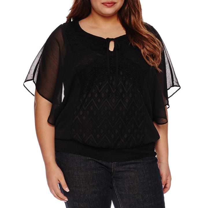 Alyx Short Sleeve Tie Neck Banded Bottom Woven Blouse-plus