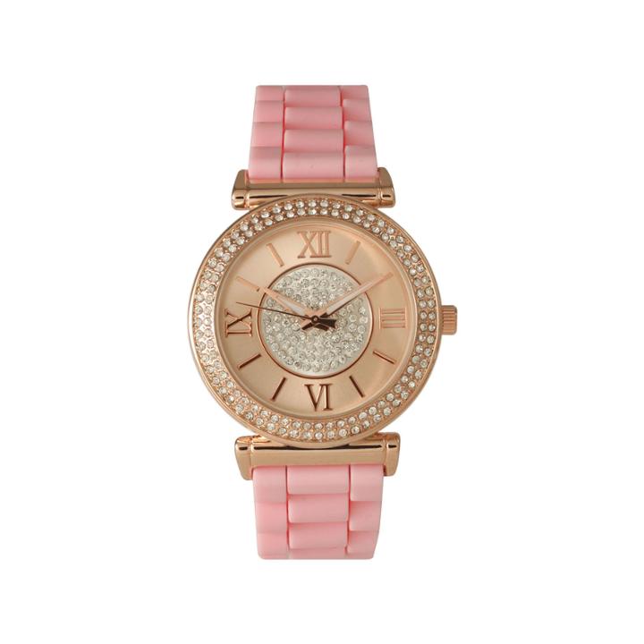 Olivia Pratt Womens Rhinestone Bezel Goldtone And Rhinestone Dial Light Pink Silicone Watch 40034light Pink