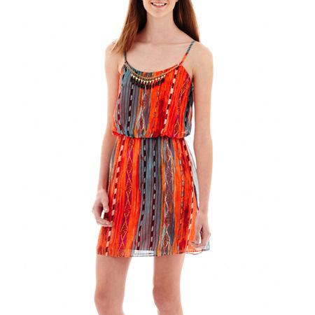 City Triangles Sleeveless Bright Batik Necklace-trim Blouson Dress
