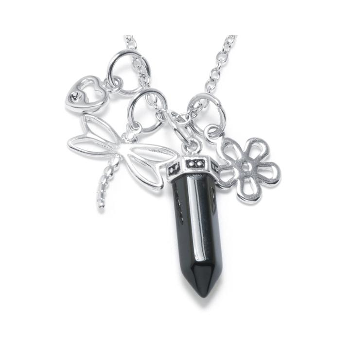 Silver Reflections&trade; Black Chalcedony Silver-plated Dragonfly & Flower Pendant Necklace