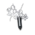 Silver Reflections&trade; Black Chalcedony Silver-plated Dragonfly & Flower Pendant Necklace